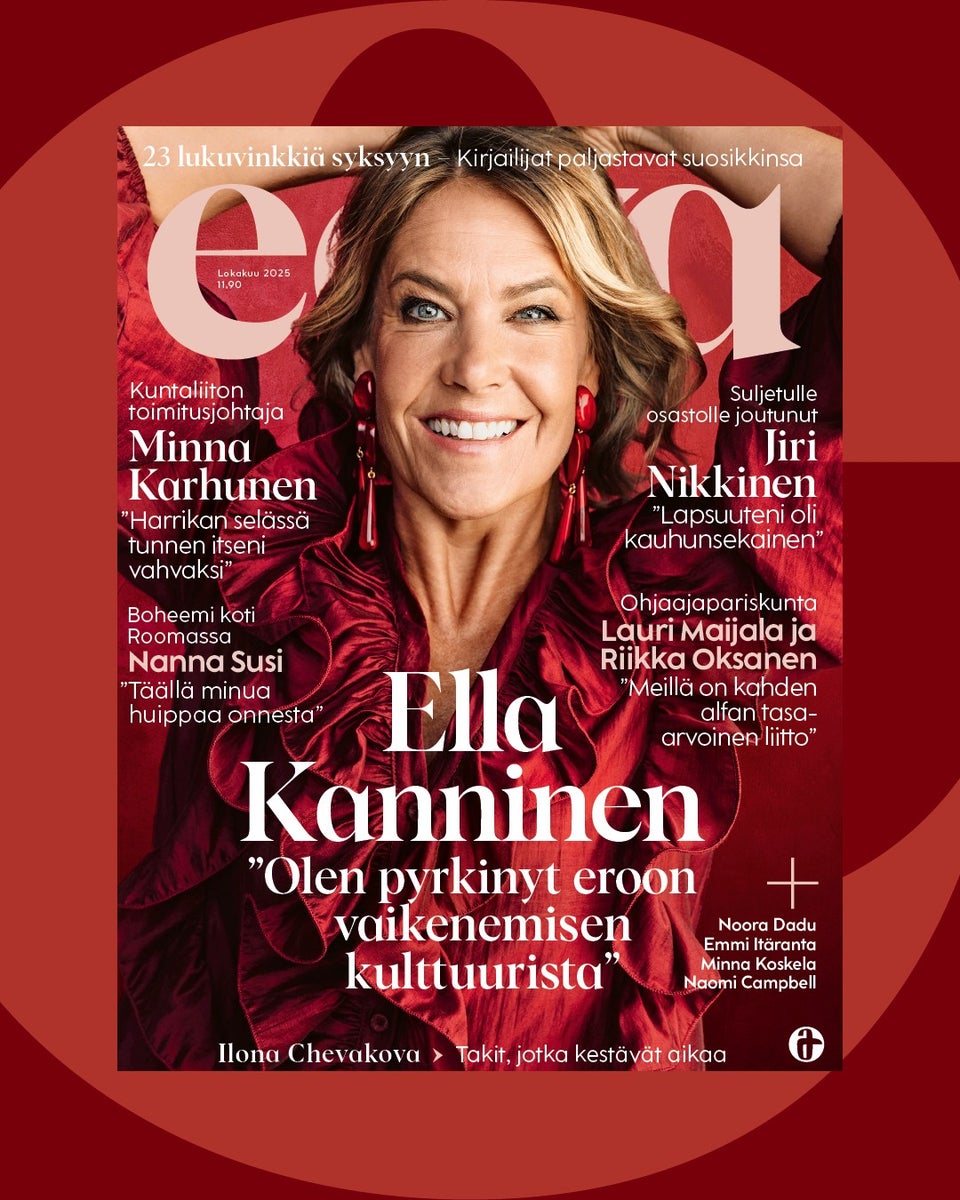 Ella Kannisen punaisen juhlaeleganssin viimeistelev&auml;t Dominique Denaiven korvakorut! (Eeva 10/2025)